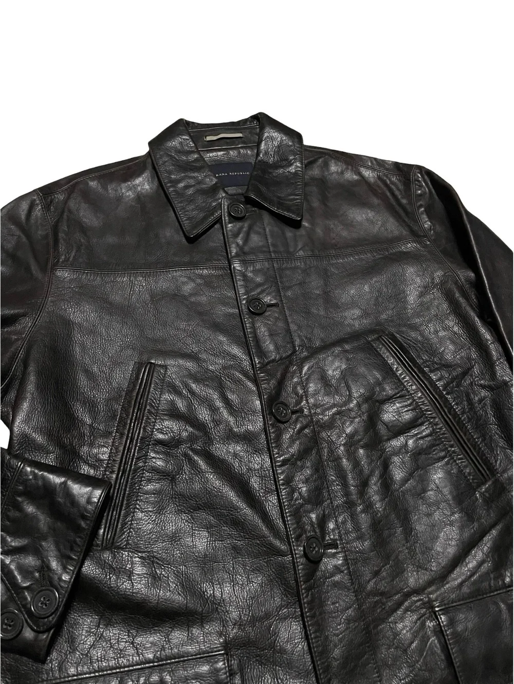 Vintage Y2K Banana Republic Mens Large Dark Brown Leather Car Coat Lined Heavy